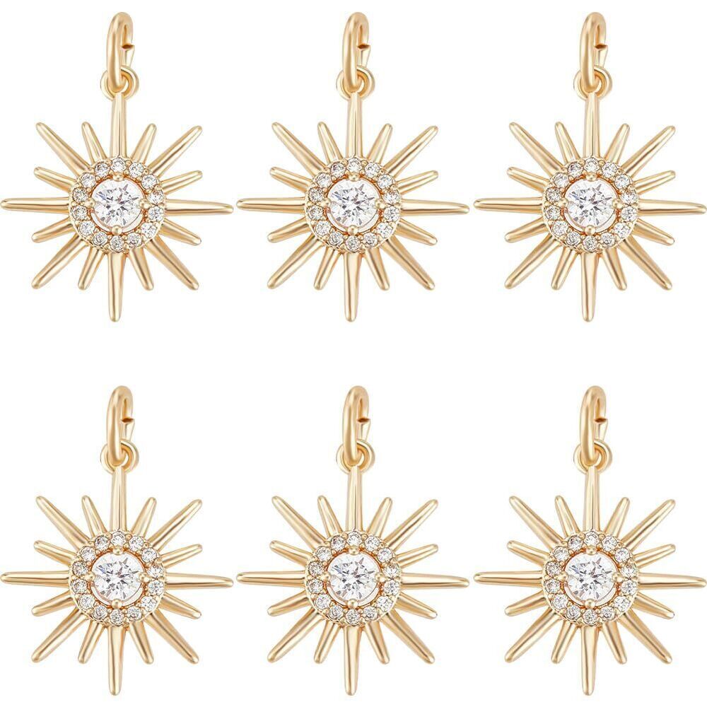 4106 1 Box 6Pcs Sun Charm 18K Gold Plated Cubic Zirconia Flat Round